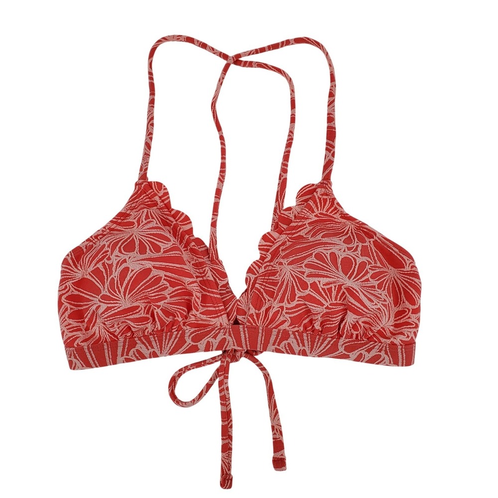 Cupshe Womens XSmall Floral Scalloped V-Neck Bikini Top‎ Coral Pink New T1S0047